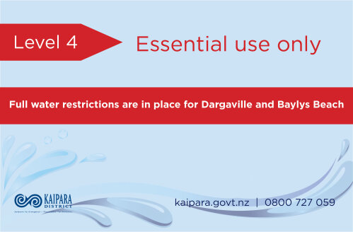 Level 4 water restrictions for Baylys Beach and Dargaville – essential use only